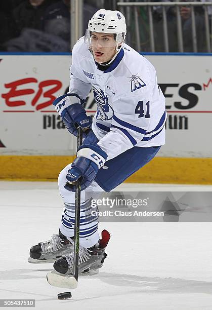 Nicolas Hague of the Mississauga Steelheads skates with the puck against the London Knights during an OHL game at Budweiser Gardens on January...