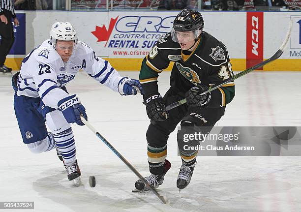 Stefan LeBlanc of the Mississauga Steelheads skates to check Max Jones of the London Knights during an OHL game at Budweiser Gardens on January...