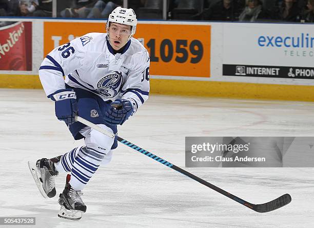 Austin Osmanski of the Mississauga Steelheads skates against the London Knights during an OHL game at Budweiser Gardens on January 16,2016 in London,...