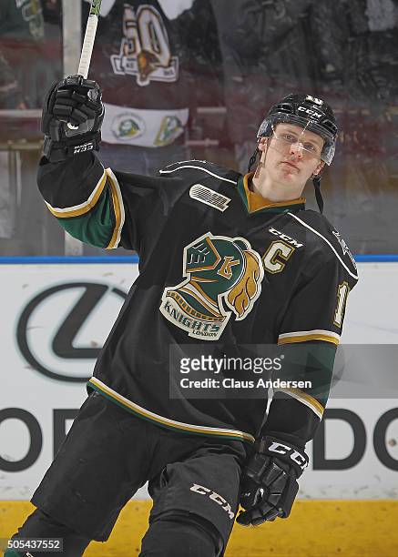 Christian Dvorak of the London Knights salutes the crowd after being named a star against the Mississauga Steelheads in an OHL game at Budweiser...