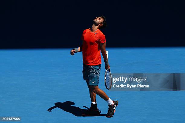 Yuki Bhambri of India reacts in his first round match against Tomas Berdych of the Czech Republic during day one of the 2016 Australian Open at...