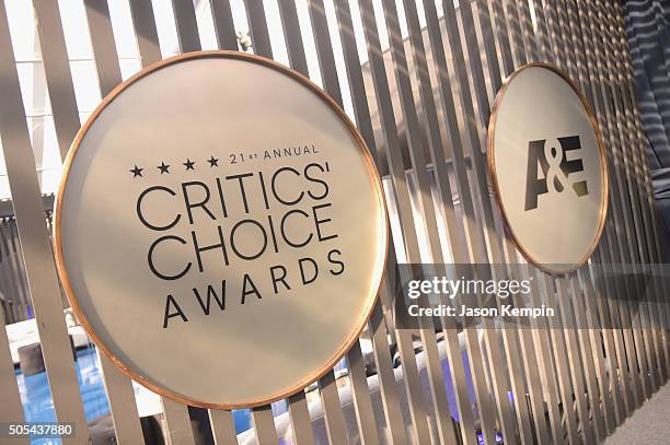 Signage for the 21st annual Critics' Choice Awards and A&E are displayed at the 21st annual Critics' Choice Awards at Barker Hangar on January 17,...