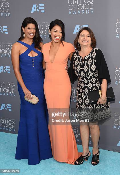 Actress Andrea Navedo, actress Gina Rodriguez and Magali Rodriguez attend the 21st Annual Critics' Choice Awards at Barker Hangar on January 17, 2016...