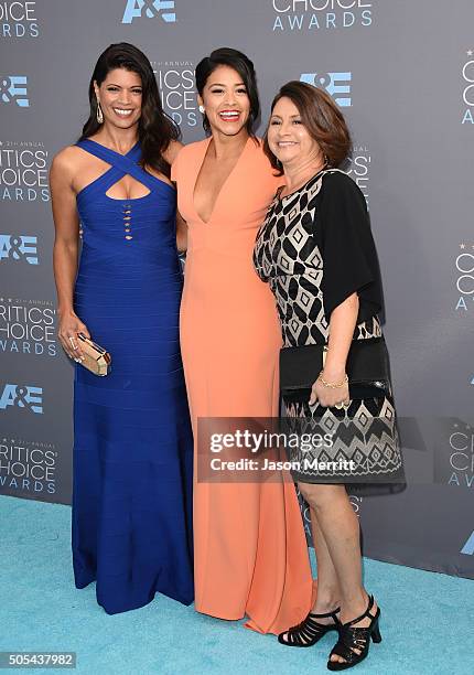 Actress Andrea Navedo, actress Gina Rodriguez and Magali Rodriguez attend the 21st Annual Critics' Choice Awards at Barker Hangar on January 17, 2016...