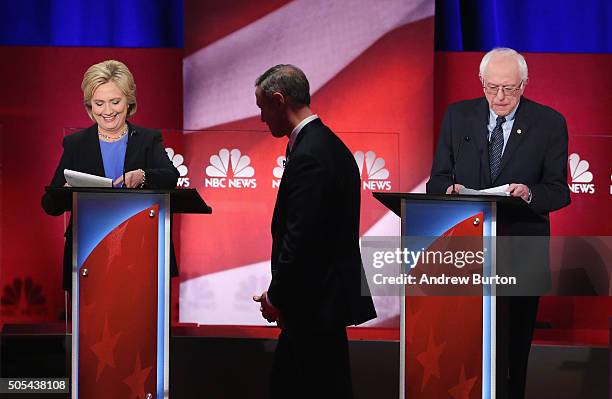 Democratic presidential candidates Martin OMalley , Hillary Clinton and Senator Bernie Sanders participate in the Democratic Candidates Debate hosted...