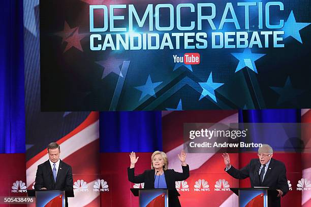 Democratic presidential candidates Martin OMalley , Hillary Clinton and Senator Bernie Sanders participate in the Democratic Candidates Debate hosted...