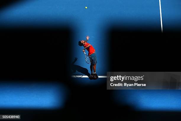 Yuki Bhambri of India serves his first round match against Tomas Berdych of the Czech Republic during day one of the 2016 Australian Open at...