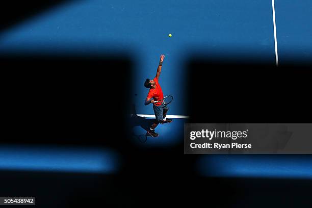 Yuki Bhambri of India serves his first round match against Tomas Berdych of the Czech Republic during day one of the 2016 Australian Open at...