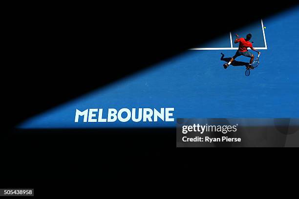 Yuki Bhambri of India plays a forehand in his first round match against Tomas Berdych of the Czech Republic during day one of the 2016 Australian...