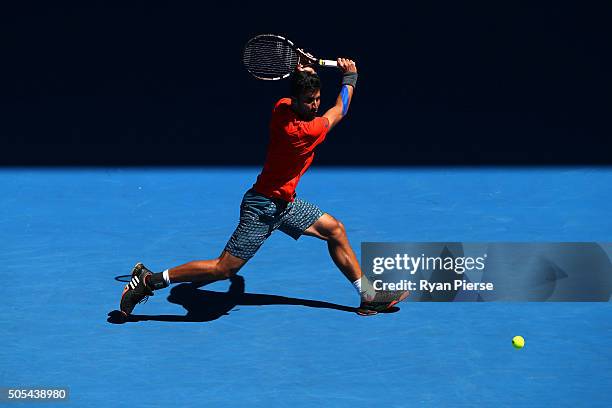 Yuki Bhambri of India plays a backhand in his first round match against Tomas Berdych of the Czech Republic during day one of the 2016 Australian...