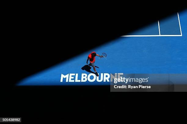 Yuki Bhambri of India walks behind the baseline in his first round match against Tomas Berdych of the Czech Republic during day one of the 2016...