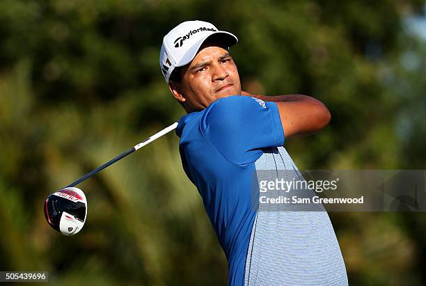 Fabian Gomez of Argentina plays his shot from the 15th tee during the final round of the Sony Open In Hawaii at Waialae Country Club on January 17,...