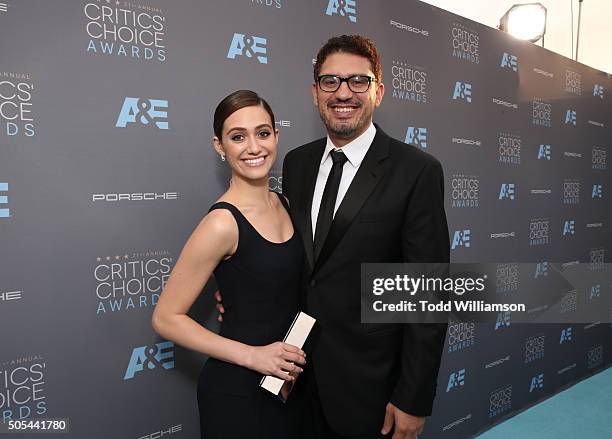 Actress Emmy Rossum and writer Sam Esmail attend the 21st Annual Critics' Choice Awards at Barker Hangar on January 17, 2016 in Santa Monica,...
