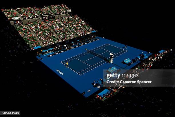 Novak Djokovic of Serbia serves in his first round match against Hyeon Chung of Korea during day one of the 2016 Australian Open at Melbourne Park on...