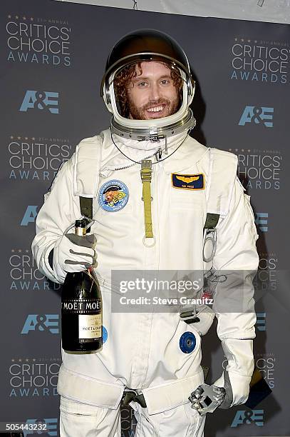 Host T. J. Miller poses in the press room during the 21st Annual Critics' Choice Awards at Barker Hangar on January 17, 2016 in Santa Monica,...