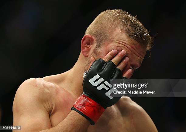 Dillashaw reacts after being defeated by Dominick Cruz in their bantamweight bout during UFC Fight Night 81 at TD Banknorth Garden on January 17,...