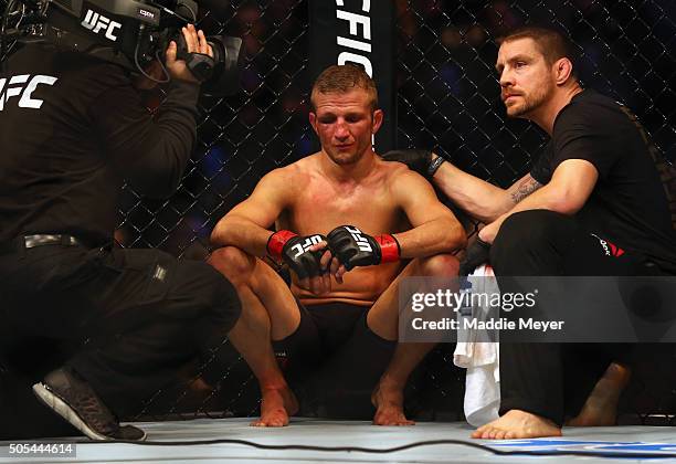 Dillashaw reacts after being defeated by Dominick Cruz in their bantamweight bout during UFC Fight Night 81 at TD Banknorth Garden on January 17,...