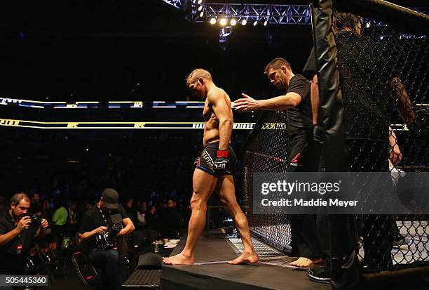 Dillashaw leaves the octagon after being defeated by Dominick Cruz in their bantamweight bout during UFC Fight Night 81 at TD Banknorth Garden on...