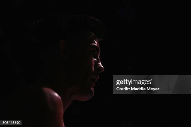 Dominick Cruz looks on prior to facing T.J. Dillashaw in their bantamweight bout during UFC Fight Night 81 at TD Banknorth Garden on January 17, 2016...