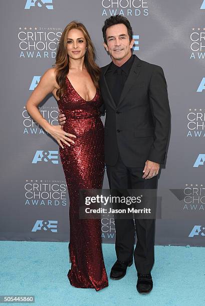Actress Lisa Ann Russell and TV personality Jeff Probst attends the 21st Annual Critics' Choice Awards at Barker Hangar on January 17, 2016 in Santa...