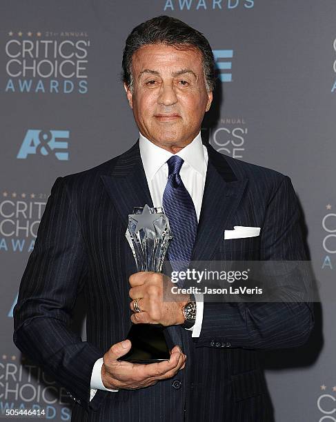 Actor Sylvester Stallone poses in the press room at the 21st annual Critics' Choice Awards at Barker Hangar on January 17, 2016 in Santa Monica,...