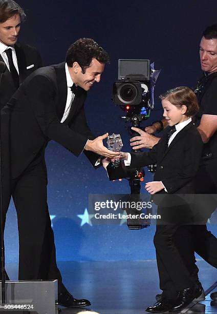Actors Bradley James, Fred Savage and Jacob Tremblay speak onstage during the 21st Annual Critics' Choice Awards at Barker Hangar on January 17, 2016...