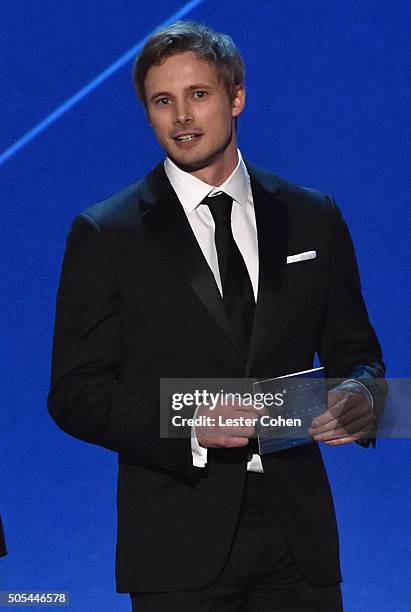 Actor Bradley James speaks onstage during the 21st Annual Critics' Choice Awards at Barker Hangar on January 17, 2016 in Santa Monica, California.