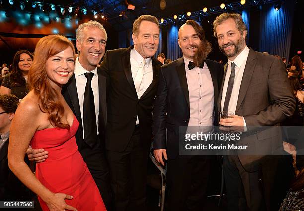 Scott Mantz, Bryan Cranston, Will Forte and Judd Apatow attend the 21st Annual Critics' Choice Awards at Barker Hangar on January 17, 2016 in Santa...