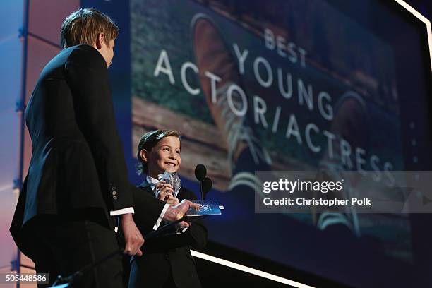 Actor Jacob Tremblay accepts Best Young Actor award from actor Bradley James onstage during the 21st Annual Critics' Choice Awards at Barker Hangar...
