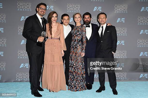 Writer/producer Sam Esmail and actors Carly Chaikin, Rami Malek, Portia Doubleday, producer Chad Hamilton and actor Christian Slater, winners of Best...