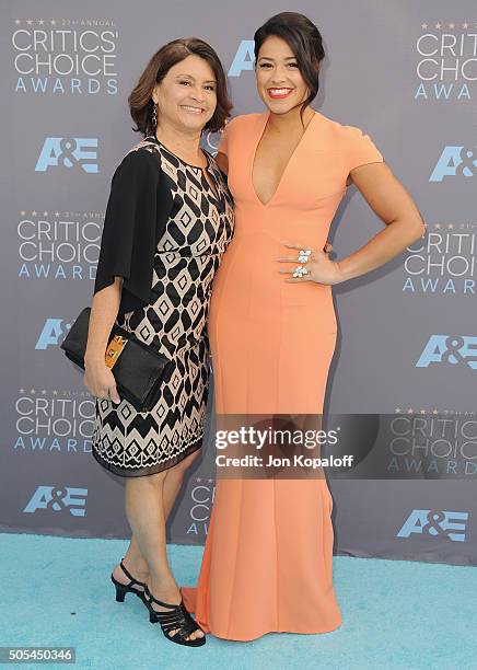 Actress Gina Rodriguez and mom Magali Rodriguez arrives at The 21st Annual Critics' Choice Awards at Barker Hangar on January 17, 2016 in Santa...