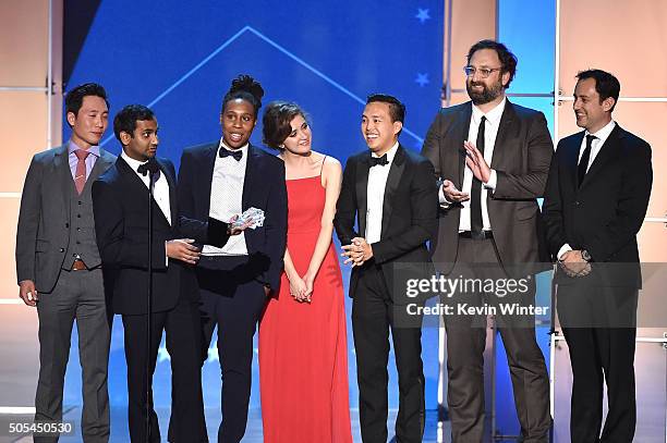 Actor Kelvin Yu, actor-writer Aziz Ansari, actors Lena Waithe and Noel Wells, producer Alan Yang, actor-director Eric Wareheim, and producer Igor...