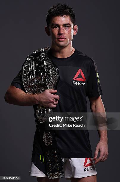 New UFC bantamweight champion Dominick Cruz poses for a portrait backstage after his victory over TJ Dillashaw during the UFC Fight Night event...