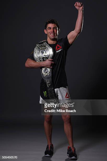 New UFC bantamweight champion Dominick Cruz poses for a portrait backstage after his victory over TJ Dillashaw during the UFC Fight Night event...