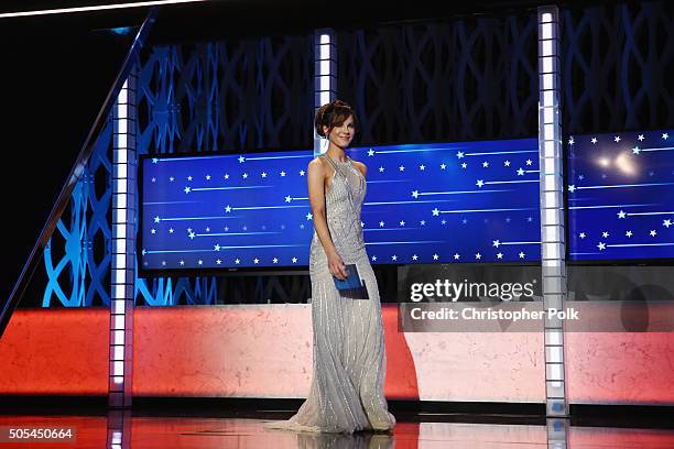 Actress Kate Beckinsale speaks onstage during the 21st Annual Critics' Choice Awards at Barker Hangar on January 17, 2016 in Santa Monica, California.