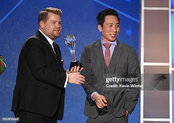 Actor Kelvin Yu accepts Best Comedy Series award for 'Master of None' from TV personality James Corden onstage during the 21st Annual Critics' Choice...