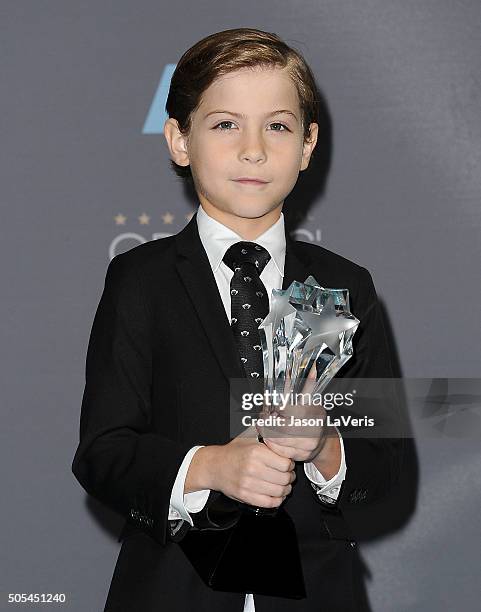 Actor Jacob Tremblay poses in the press room at the 21st annual Critics' Choice Awards at Barker Hangar on January 17, 2016 in Santa Monica,...
