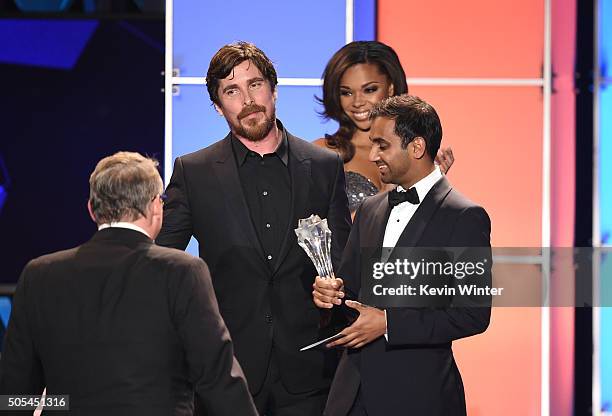 Director Adam McKay and actor Christian Bale accept the Best Comedy award for 'The Big Short,' with actor Aziz Ansari onstage during the 21st Annual...