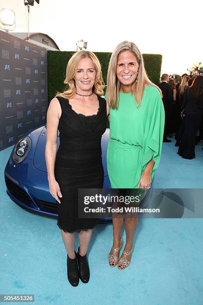 Actress Elisabeth Shue and Porsche's Cristina Cheever attend the 21st Annual Critics' Choice Awards at Barker Hangar on January 17, 2016 in Santa...