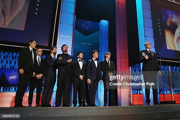 Director Adam McKay accepts the Best Comedy award for 'The Big Short' with producer Jeremy Kleiner, actors Jeremy Strong, Hamish Linklater, Christian...