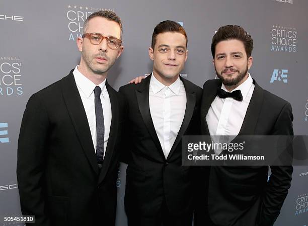 Actors Jeremy Strong, Rami Malek, and John Magaro attend the 21st Annual Critics' Choice Awards at Barker Hangar on January 17, 2016 in Santa Monica,...