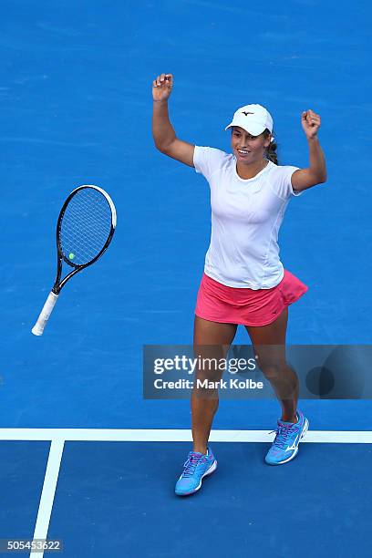 Yulia Putintseva of Kazakhstan celebrates winning her first round match against Caroline Wozniacki of Denmark during day one of the 2016 Australian...