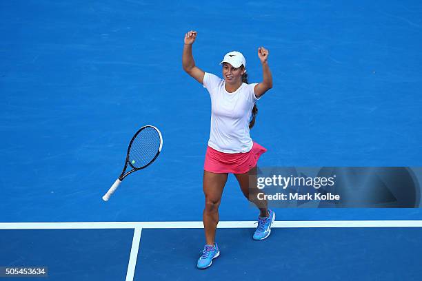 Yulia Putintseva of Kazakhstan celebrates winning her first round match against Caroline Wozniacki of Denmark during day one of the 2016 Australian...