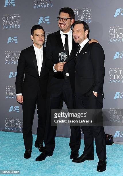Rami Malek, Sam Esmail and Christian Slater pose in the press room at the 21st annual Critics' Choice Awards at Barker Hangar on January 17, 2016 in...