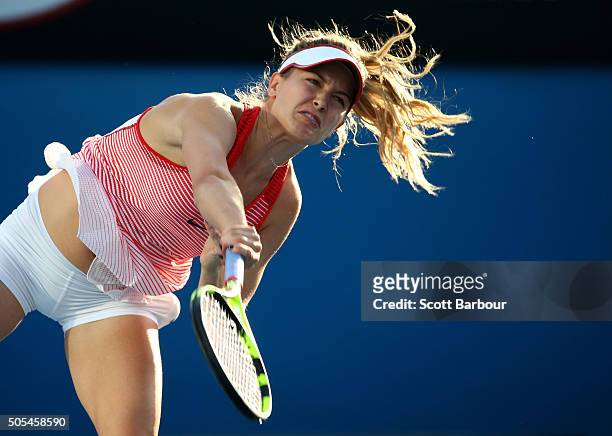 Eugenie Bouchard of Canada serves in his first round match against Aleksandra Krunic of of Serbia during day one of the 2016 Australian Open at...