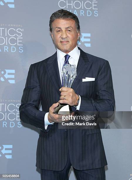 Actor Sylvester Stallone, winner of the award for Best Supporting Actor for 'Creed,' poses in the press room during the 21st Annual Critics' Choice...