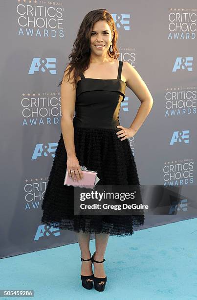 Actress America Ferrera arrives at the 21st Annual Critics' Choice Awards at Barker Hangar on January 17, 2016 in Santa Monica, California.