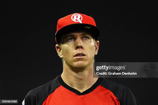 Xavier Doherty of the Renegades looks on during the Big Bash League match between the Melbourne Renegades and the Adelaide Strikers at Etihad Stadium...