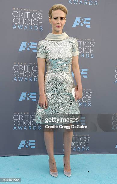 Actress Sarah Paulson arrives at the 21st Annual Critics' Choice Awards at Barker Hangar on January 17, 2016 in Santa Monica, California.