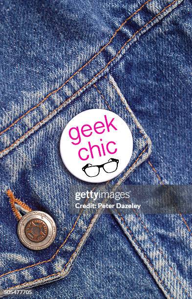 geek chic button badge - jacket stock-fotos und bilder